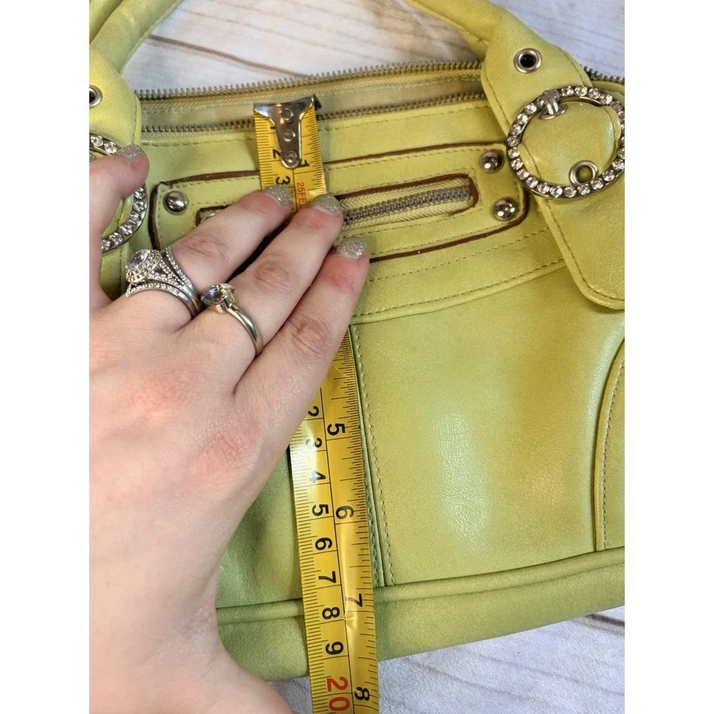 Guess Y2K Lime Green Shoulder Hand Bag Rhinestone Charm McBling Purse Baguette - Picture 8 of 9